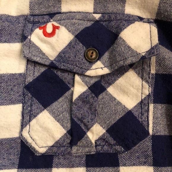 TRUE RELIGION Fleece Long Sleeve Navy White Plaid Western Button Down Shirt XL - Picture 6 of 12